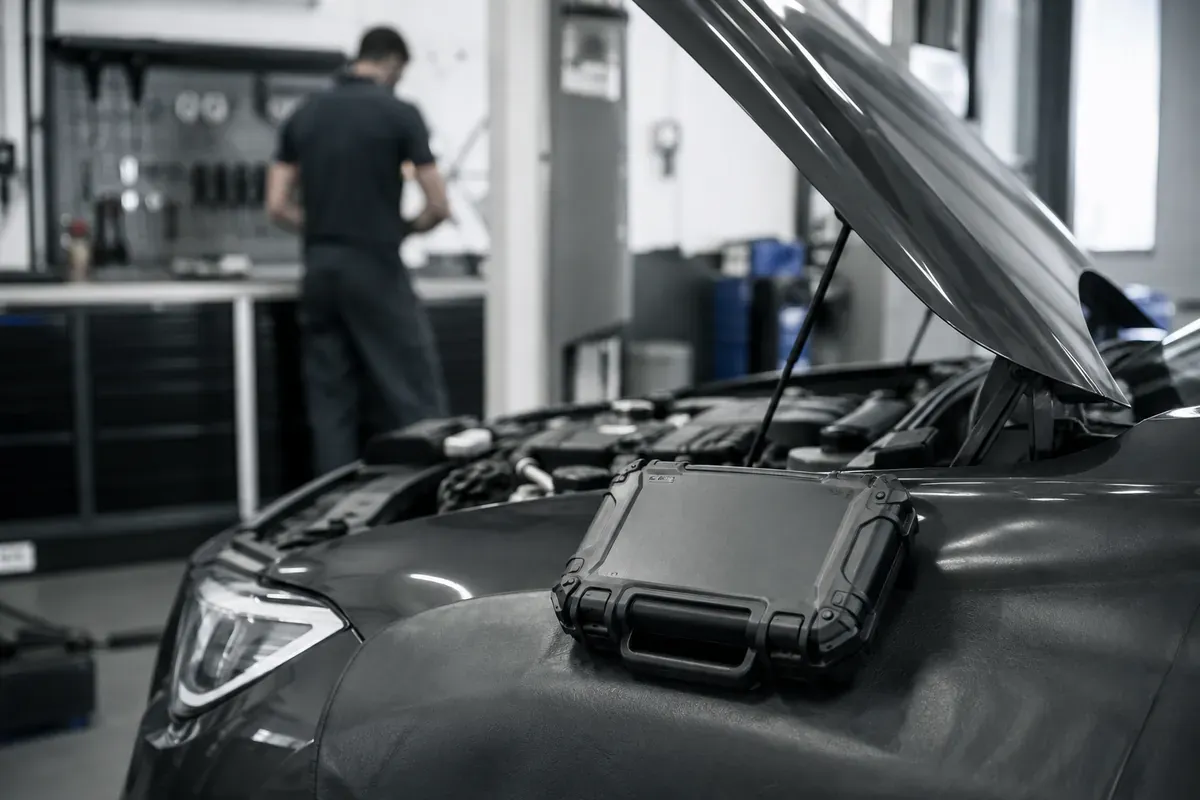 Atelier automobile, valise de diagnostic posee pres d'un moteur ouvert